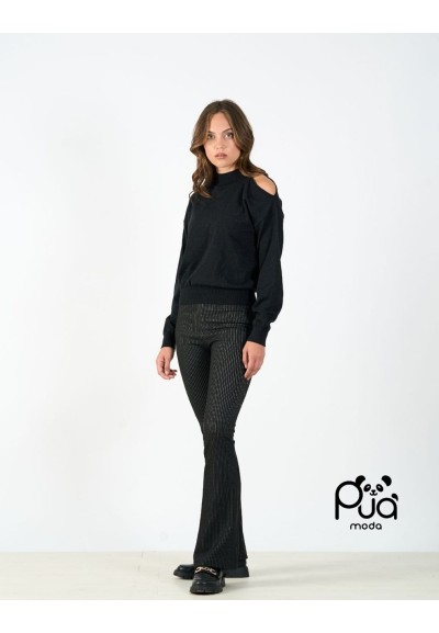 Pantalone donna gessato vita alta con elastico | Puà Moda