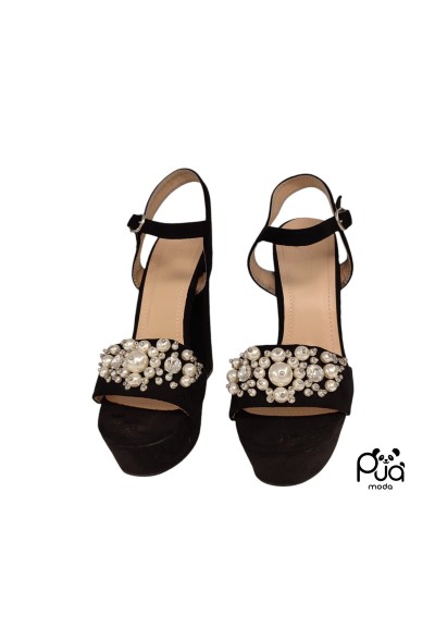 Sandalo Donna in Pelle Scamosciata con Perle e Tacco 12 cm | Made in Italy - Puà Moda