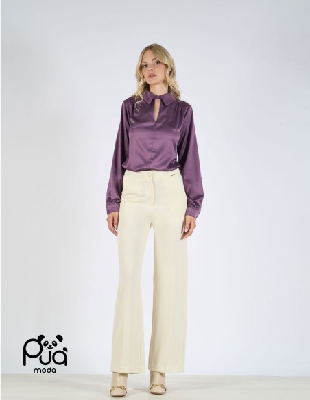 Pantalone donna a zampa effetto velluto vita alta | Puà Moda