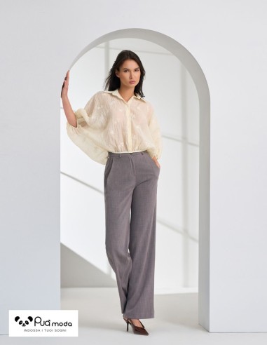 Pantalone donna a palazzo vita alta con elastico e tasche a filo 100% made in Italy