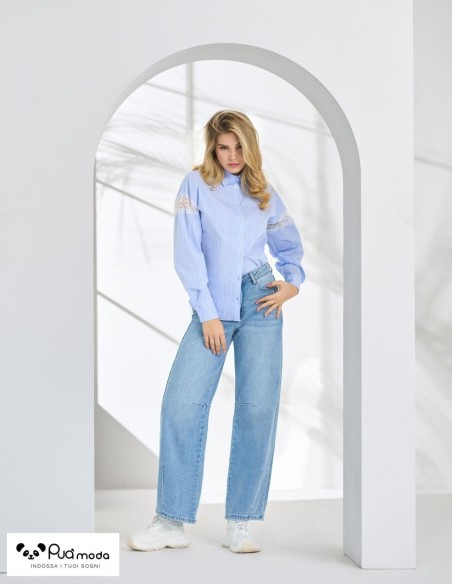 Camicia donna a righe con pizzo e bottoni | Puà Moda