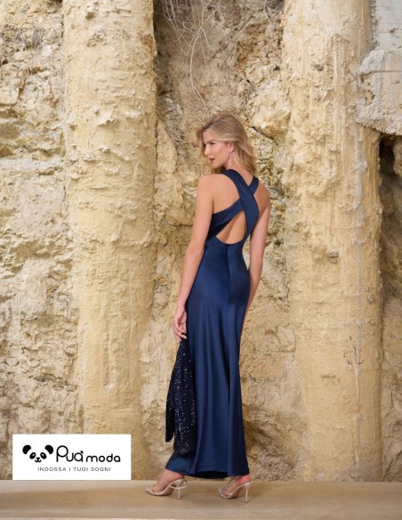 Abito cerimonia effetto seta con schiena incrociata | Puà Moda