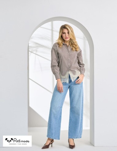 Maxi camicia donna rigata cotone con pizzo | Puà Moda