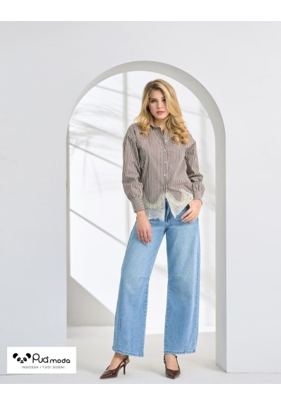 Maxi camicia donna rigata cotone con pizzo | Puà Moda
