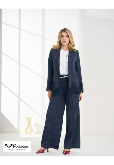 Blazer donna gessato con pizzo e bottoni | Puà Moda